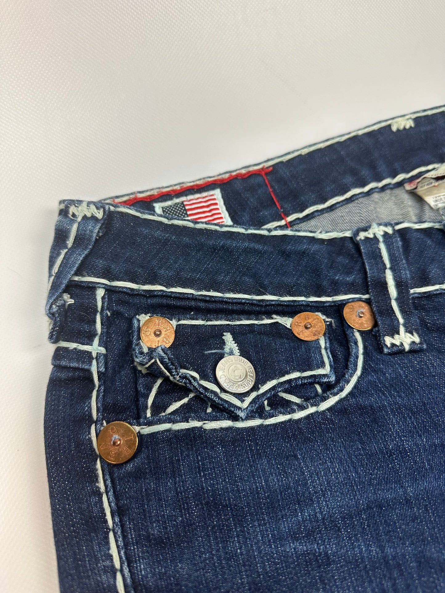 Vintage Teue Religion Jeanshose blau/weiß Gr. 28