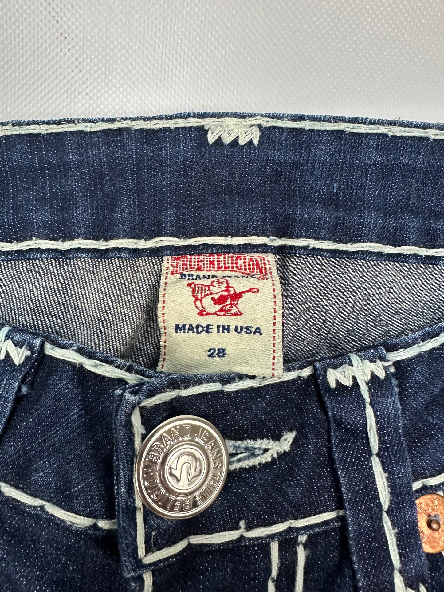Vintage Teue Religion Jeanshose blau/weiß Gr. 28