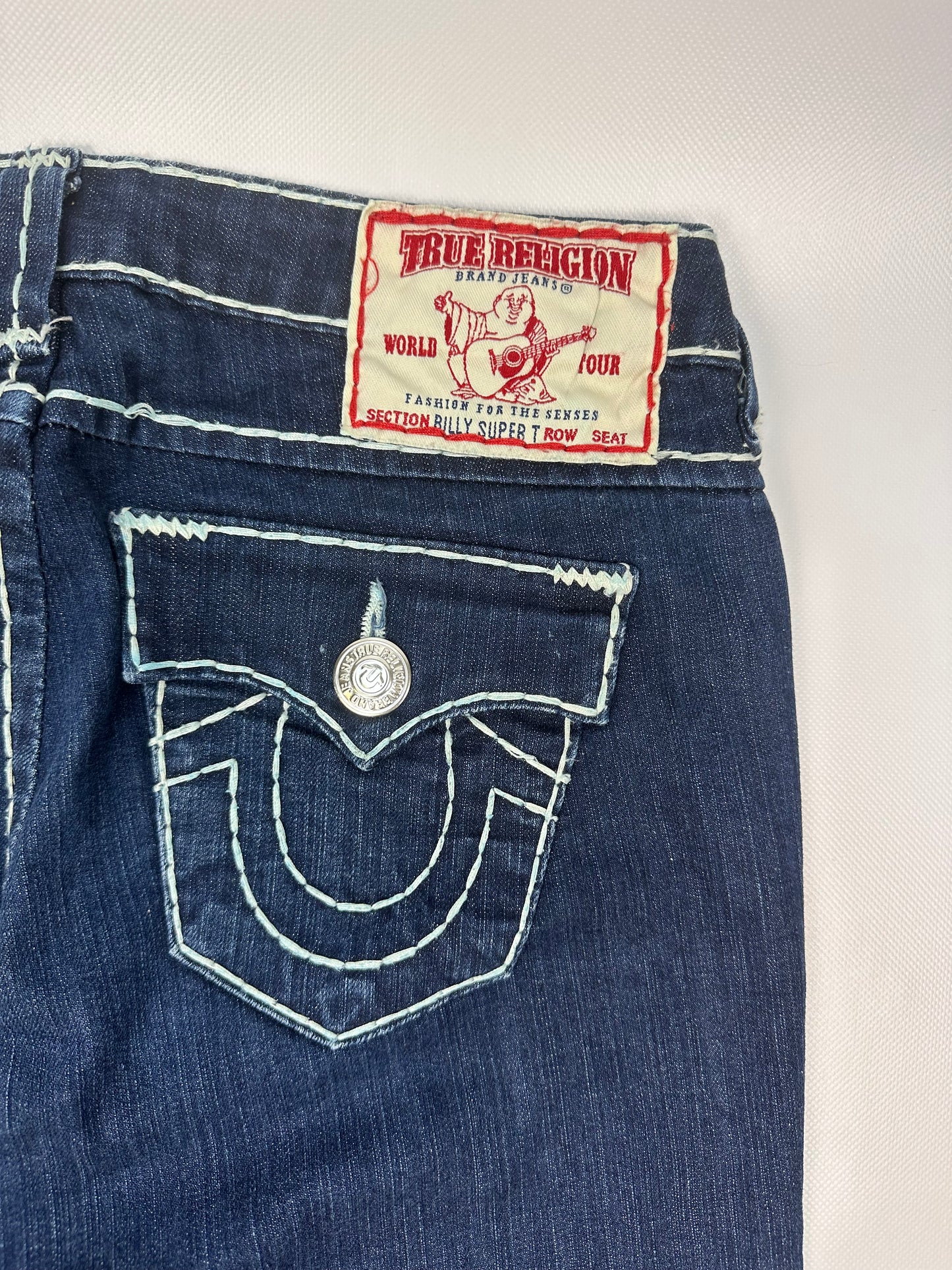 Vintage Teue Religion Jeanshose blau/weiß Gr. 28