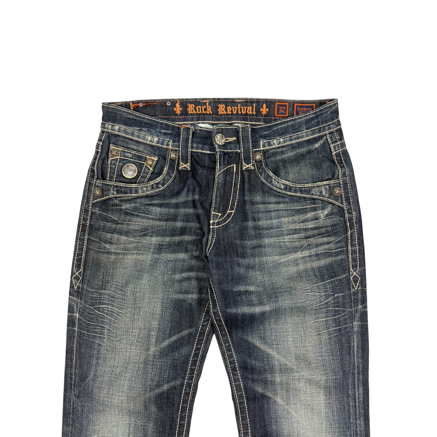 Vintage Y2K Rock Revival Jeanshose blau / orange 32