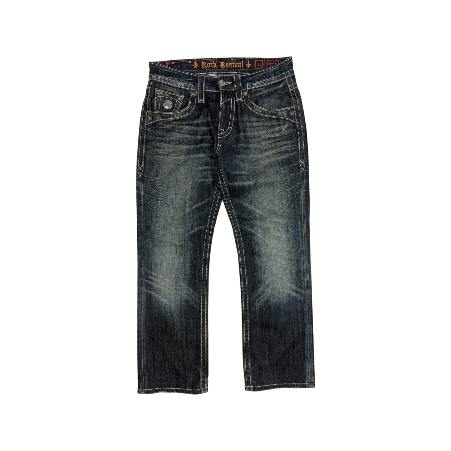 Vintage Y2K Rock Revival Jeanshose blau / orange 32