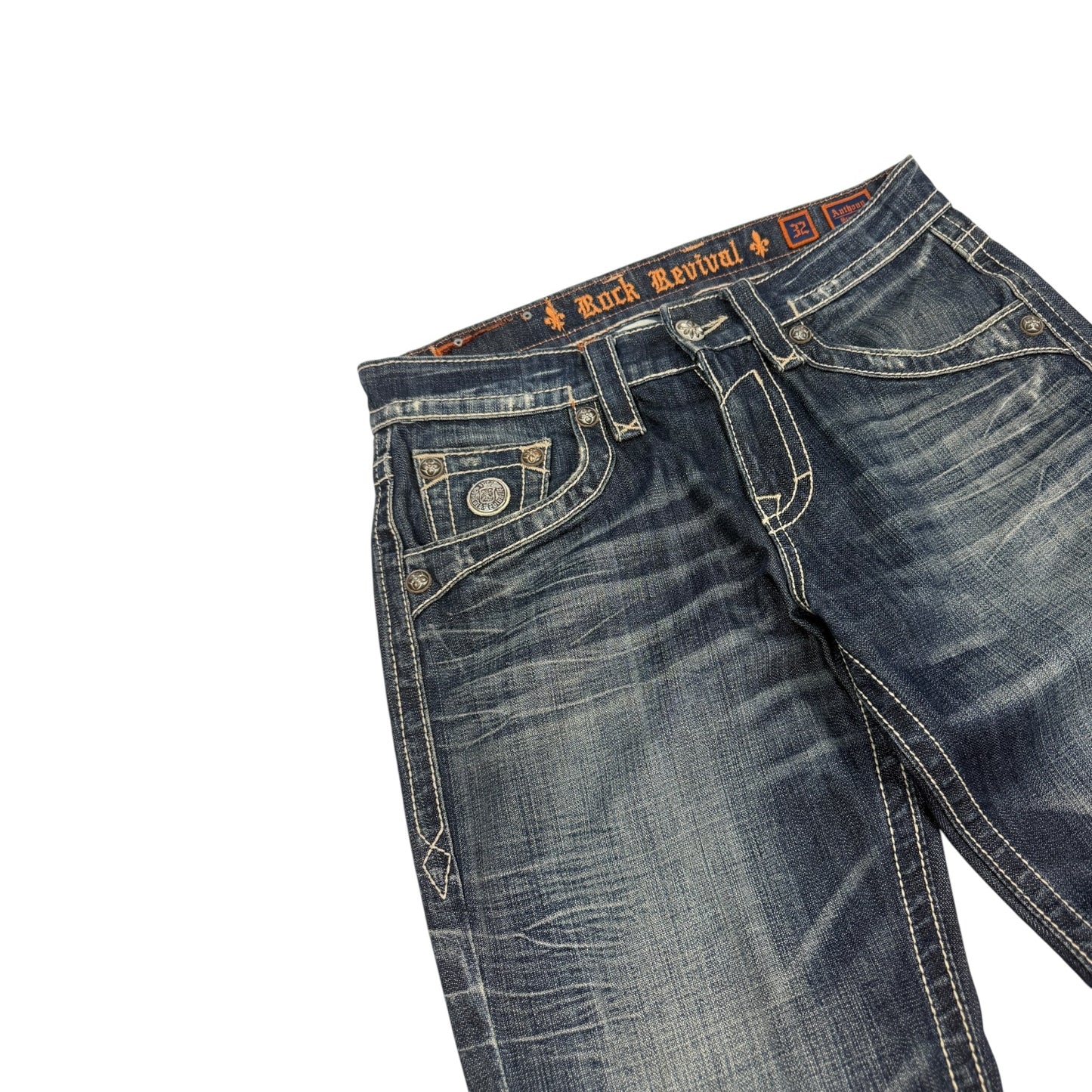 Vintage Y2K Rock Revival Jeanshose blau / orange 32
