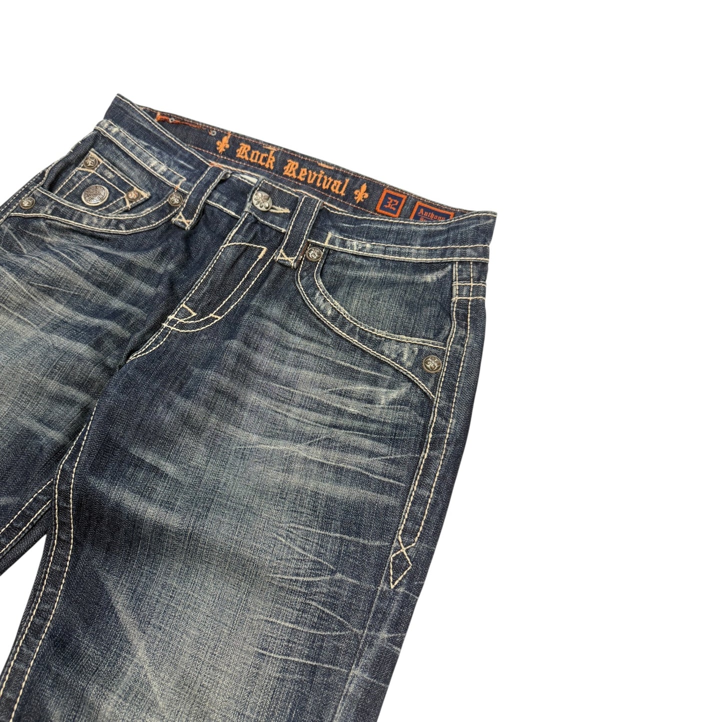 Vintage Y2K Rock Revival Jeanshose blau / orange 32
